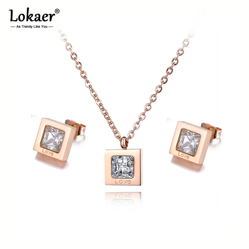 

Lokaer Trendy Square CZ Crystal Lovely Necklace Earrings Bridal Sets Titanium Steel Engagement Wedding Jewelry For Women SE023