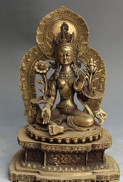 

11"Tibet Buddhism Temple Bronze Eight treasures Green Tara Goddess Buddha Statue R0707 (B0328)