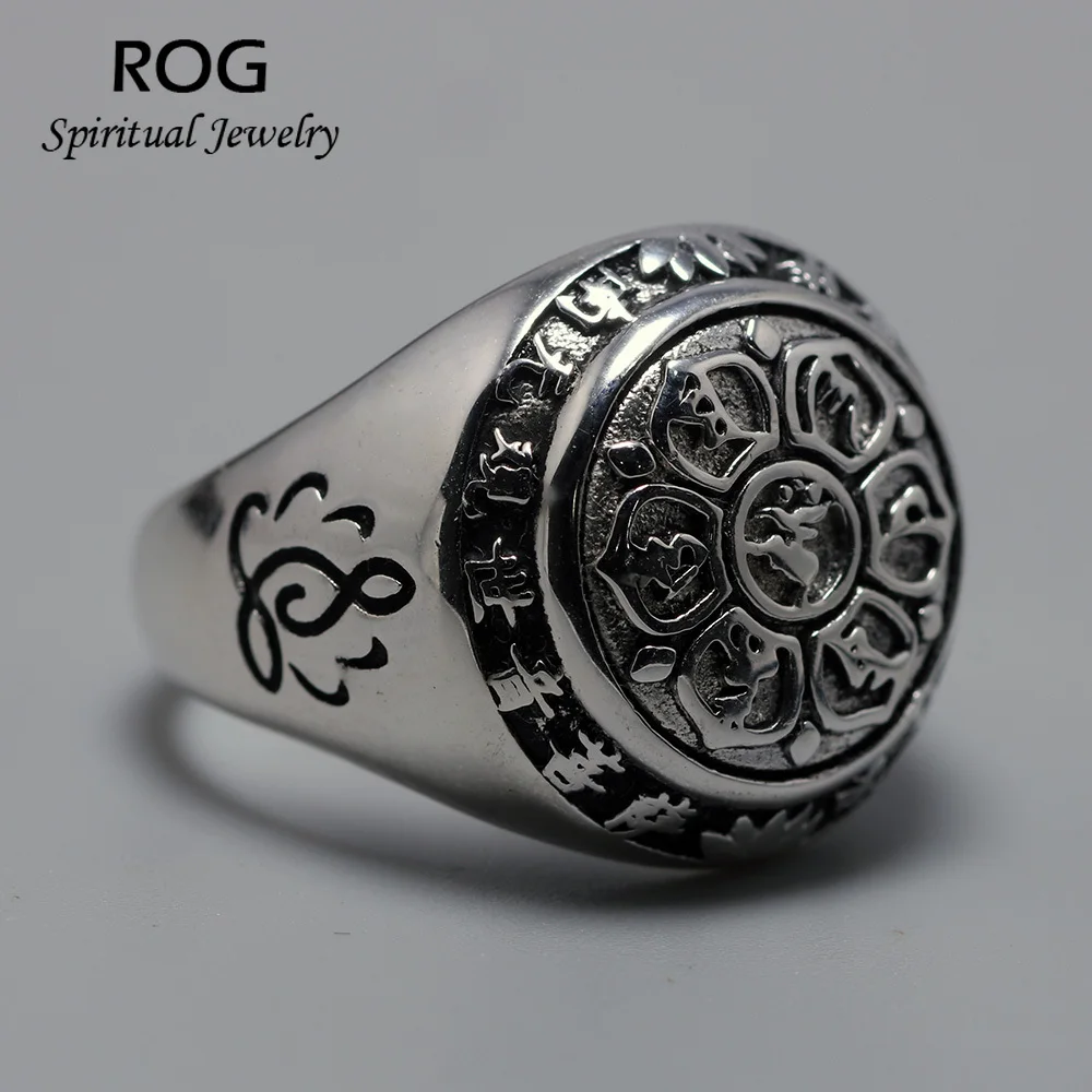 

Real Pure 925 Sterling Silver Mantra Rings For Men And Women Engraved Lotus Sutra Six Words' OM Rings Tibetan Buddhist Jewelry