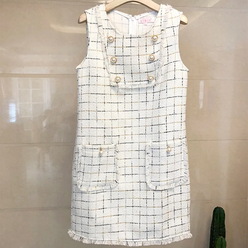

Brand 2019 Autumn Women's Sleeveless Plaid Tweed Dress Checkered Tassel Pocket Straight Wool Dress Ladies Pearls Mini Vest Dress