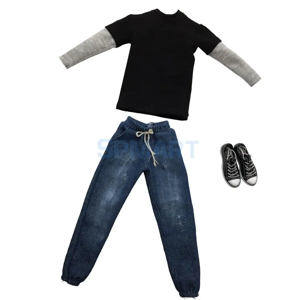 1/6 Scale Mens Outfits Clothes Black Long T-shirt Denim Jeans and Canvas Shoes Set for 12inch   Action Figure Accessories