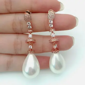 

1.8'' White Teardrop Sea Shell Pearl Rose golden Plated Chain Earrings