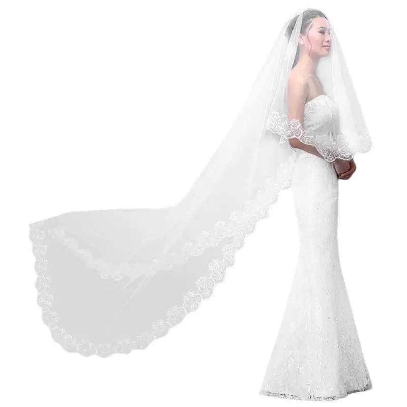 Women Pure White Wedding Veil 3M Long Embroidered Floral Lace Scalloped Edge Bridal Cathedral 1 Layer Party Accessories