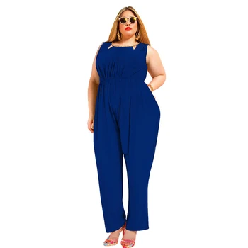 

Casual Black Blue Jumpsuit Elegant Soild Overall Plus Size Women Loose Rompers Summer Sleeveless Streetwear Party Wide Leg Pants