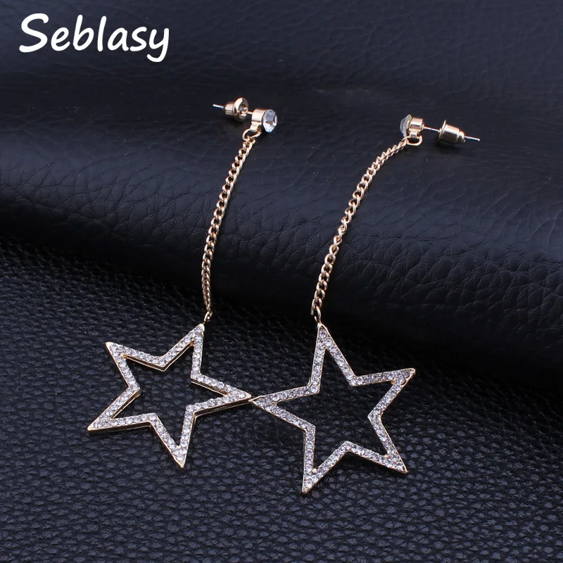 

Seblasy Statement Jewelry Gold Silver Color Long Chain Crystal Star Earrings Hollow Big Star Pendant For Women Bar Club Earrings