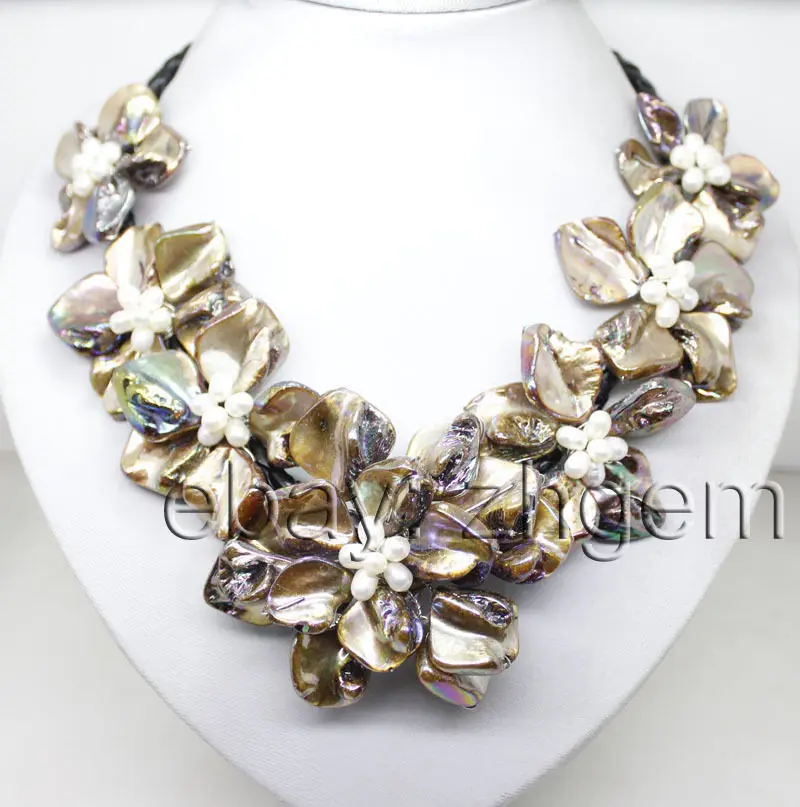 

FREE SHIPPING>@@> fashion brown shell white pearl beads shell flower pendant necklace 18" long style Fine Noble real Natural &