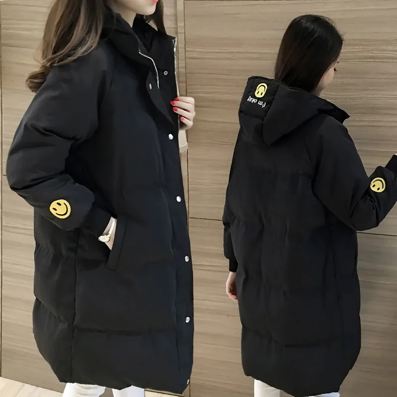 Пальто женское зимнее хлопковое однотонное с длинным рукавом и капюшоном