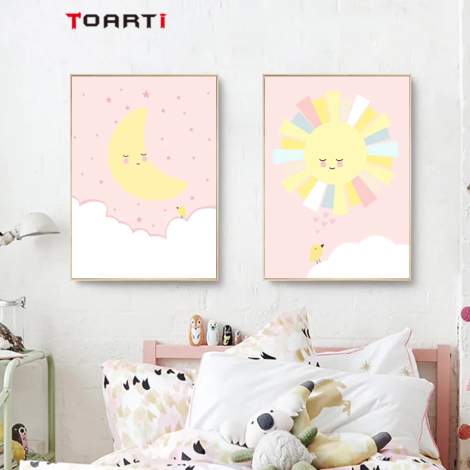 Pink Sun Rainbow Moon Wall Art Canvas Painting  (5)