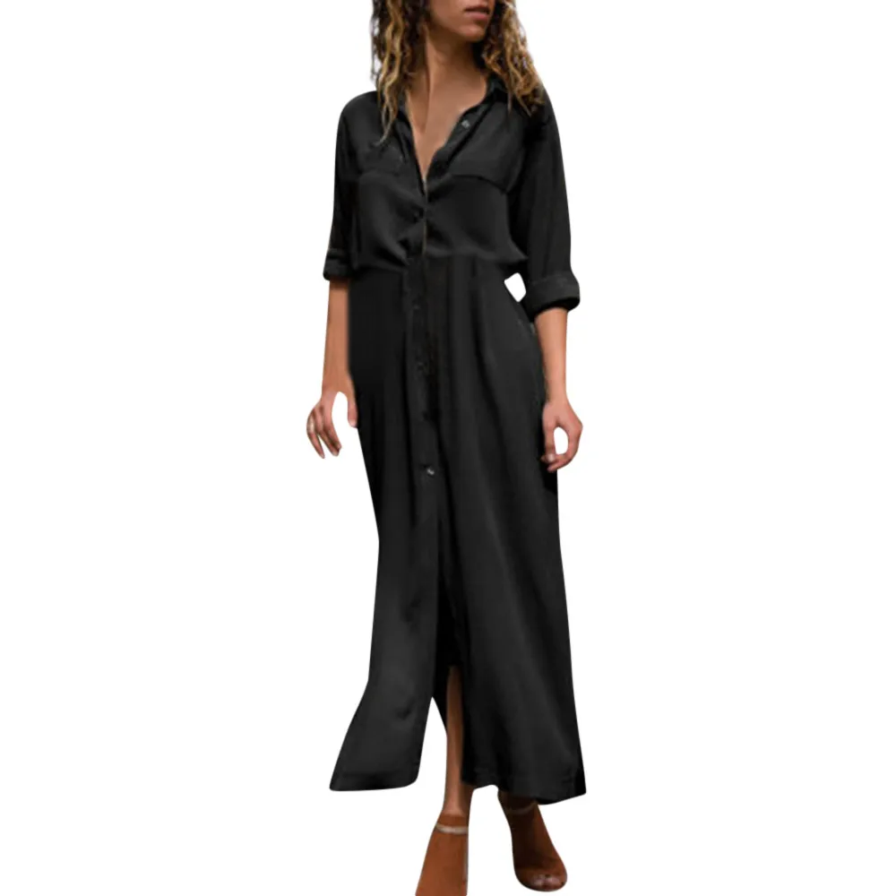 

Women's Solid Long Sleeve Casual Loose V-Neck Button Split Hem Long Dress Vintage Long Sleeve Cotton Chiffon Dress Beach Dress