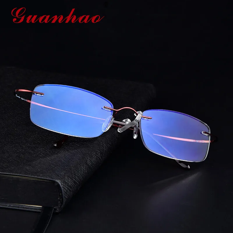 Koop Guanhao Titanium Anti Blauw Licht Ray Ultralight Leesbril Man Vrouwen Randloze Rechthoek Bril Vintage Computer Bril