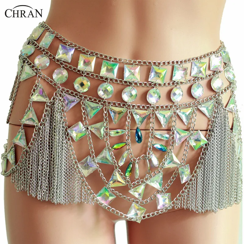 

Chran Sexy Mesh Disco Sequin Skirt Tassels Mirror Bodysuit Dress Body Chain Exotic Burning Man Rave Outfit