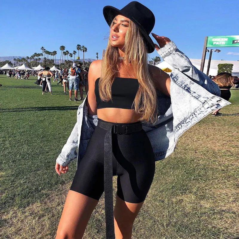 InstaHot رياضية المحاصيل أعلى السراويل 2 قطعة مجموعة النساء 2019 الصيف الصلبة حمالة أنبوب قمم مجموعات عارضة بسيطة سيدة عالية الخصر