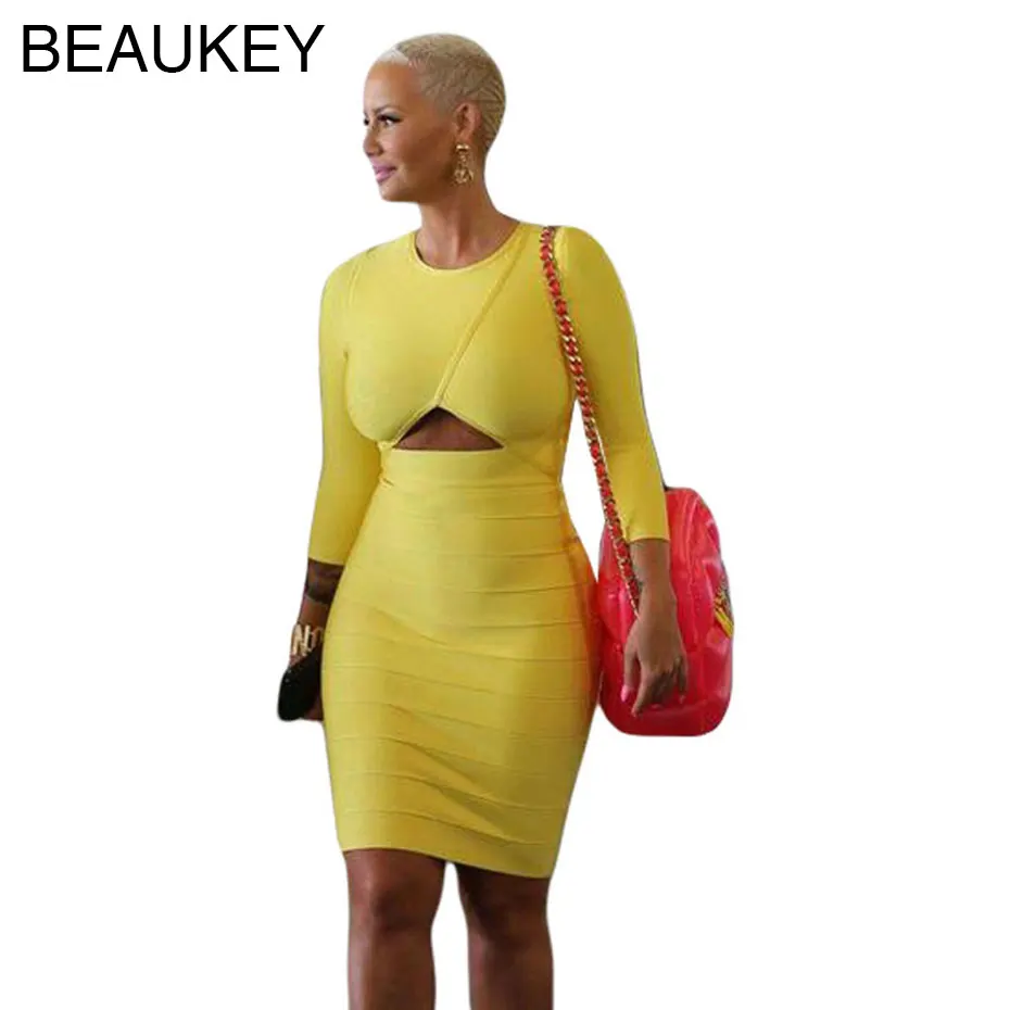 long sleeve yellow bandage dress