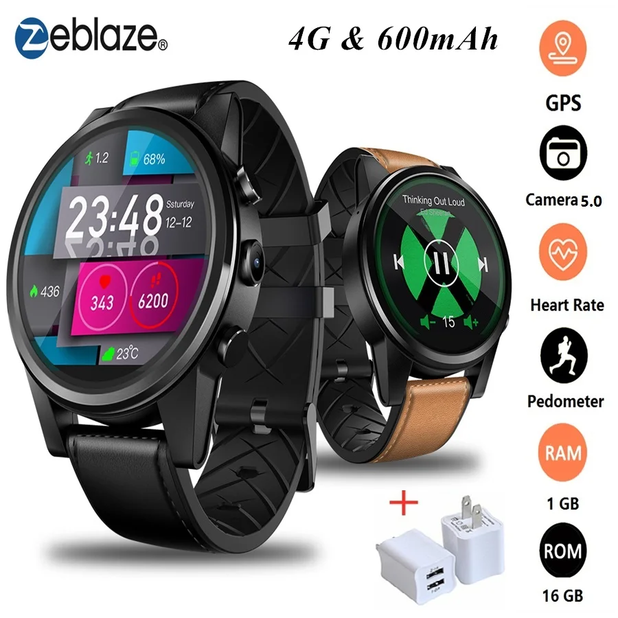  Zeblaze THOR 4 PRO 4G Smartwatch 1.6 inch Crystal Display GPS/GLONASS Quad Core 16GB 600mAh Leather - 33037517465