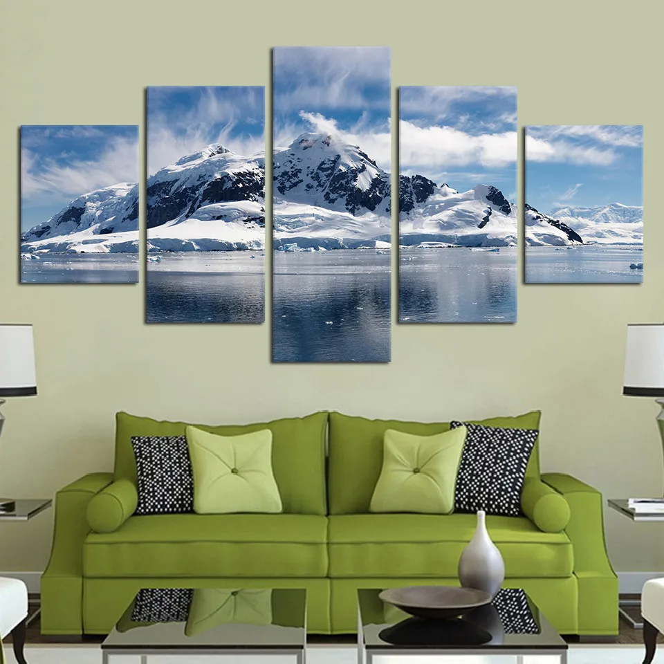 Living Room Wall Art Pictures Framework 5 Pieces Snow Mountain Rive Landscape Posters Home Decoration Modern HD Printed Painting
