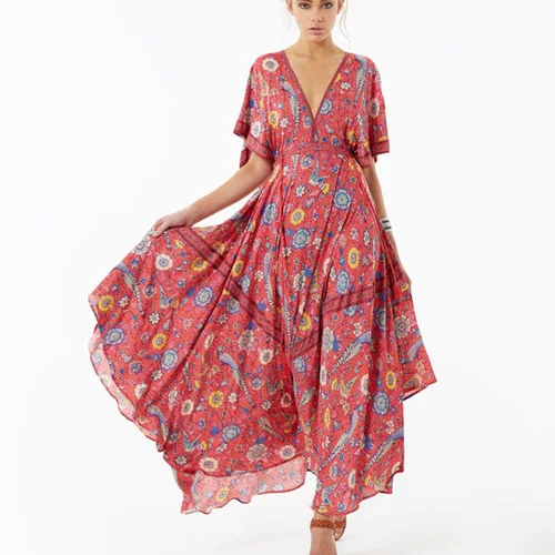  Vestido Long Flower Dress Retro Bohemian Maxi Dress Sexy Ethnic Deep V-neck Floral Print Beach Dresses Boho Hippie Robe (2)