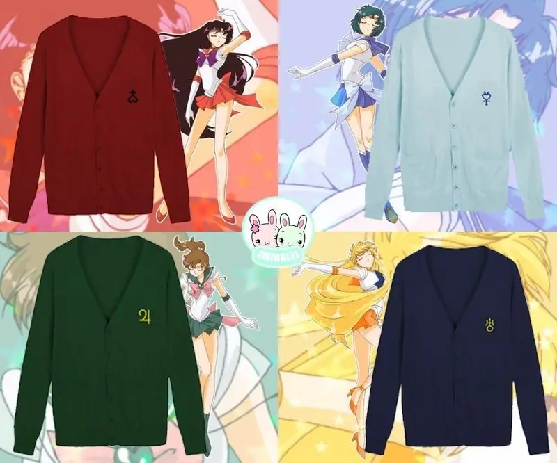 

Cute Womens Japanese Uniform Sailor Moon Symbol Button-up Sweater Long Sleeve Cardigan Winter Thick