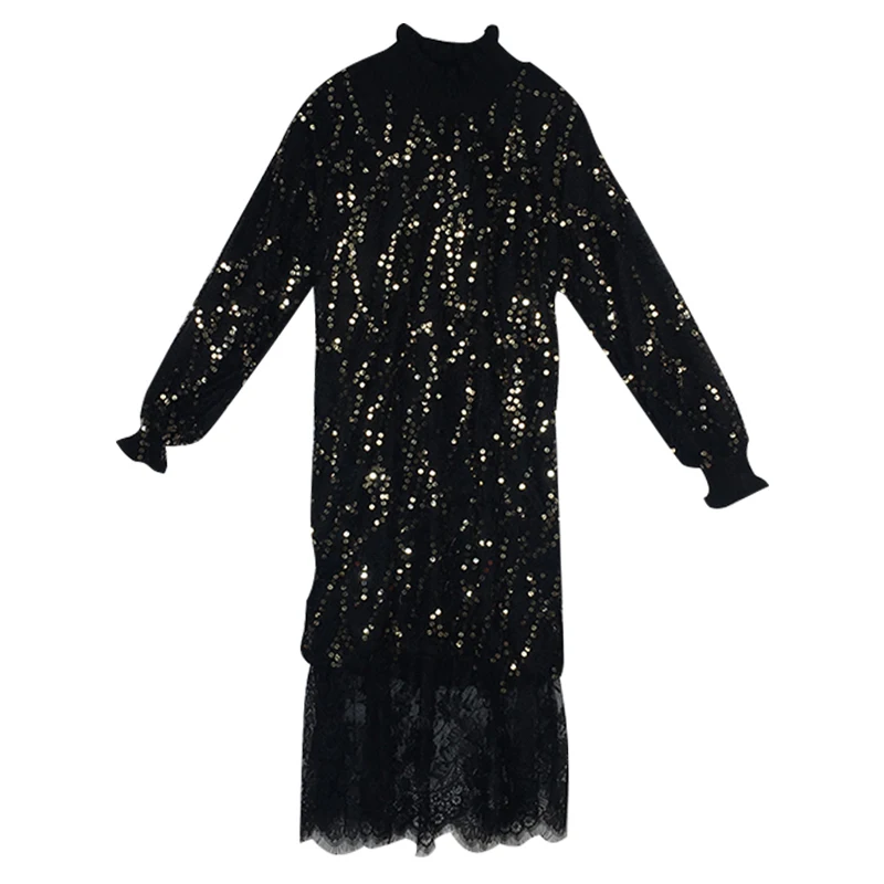 

PERHAPS U autumn winter stand collar black pink white sequined tassel stitching lace long sleeve knee length dress D0897