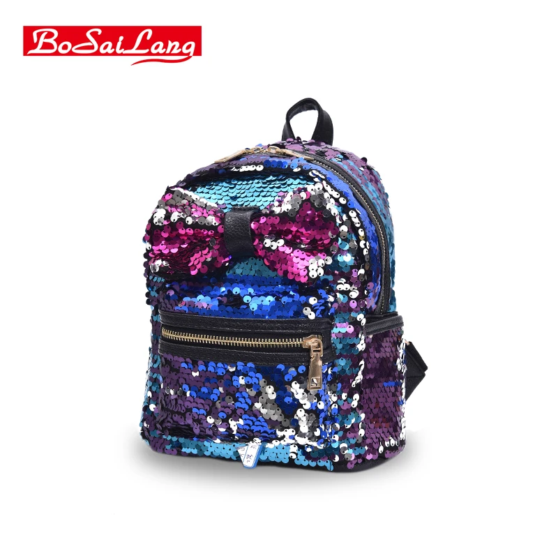 2017 New Arrival Women Bow Backpack Bag PU Leather Sequins Backpack Girls Small Travel Princess Bling