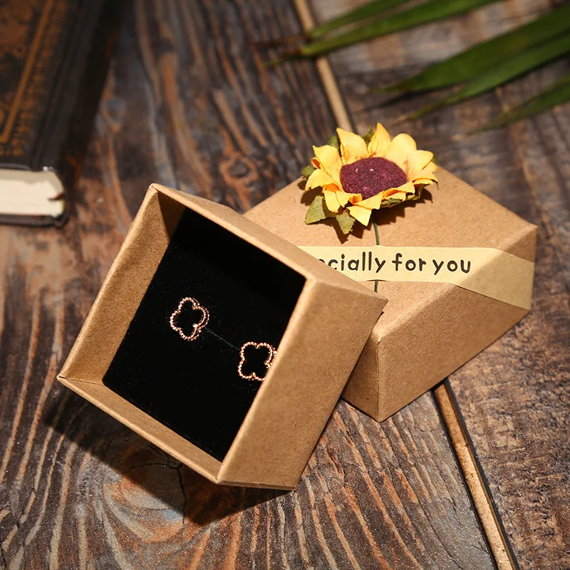 10pcs Vintage Kraft Paper Gift Box with Dried Sunflowers and Label Earrings Rings Storage Jewelry Box Gifts Packaging Box