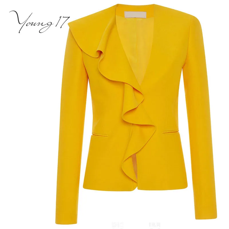 Young17 Office Ladies Short Jackets Women Yellow Elegant Jacket Coat