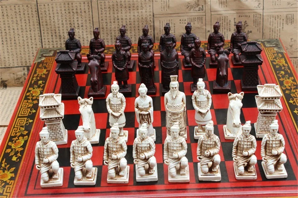 New Wood Chess Chinese Retro Terracotta Warriors Chess Wood Do Old Carving Resin Chessman Oversized Chess Piece Premium