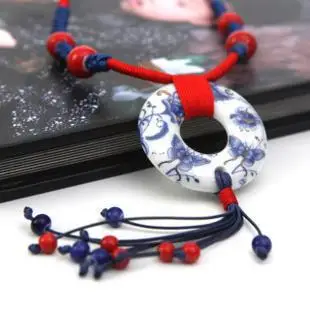 

2014 Hot Sale Traditional Ethnic Butterfly Love Flower Blue And White Porcelain Fashion Long Tassel Ceramic Necklace N2179
