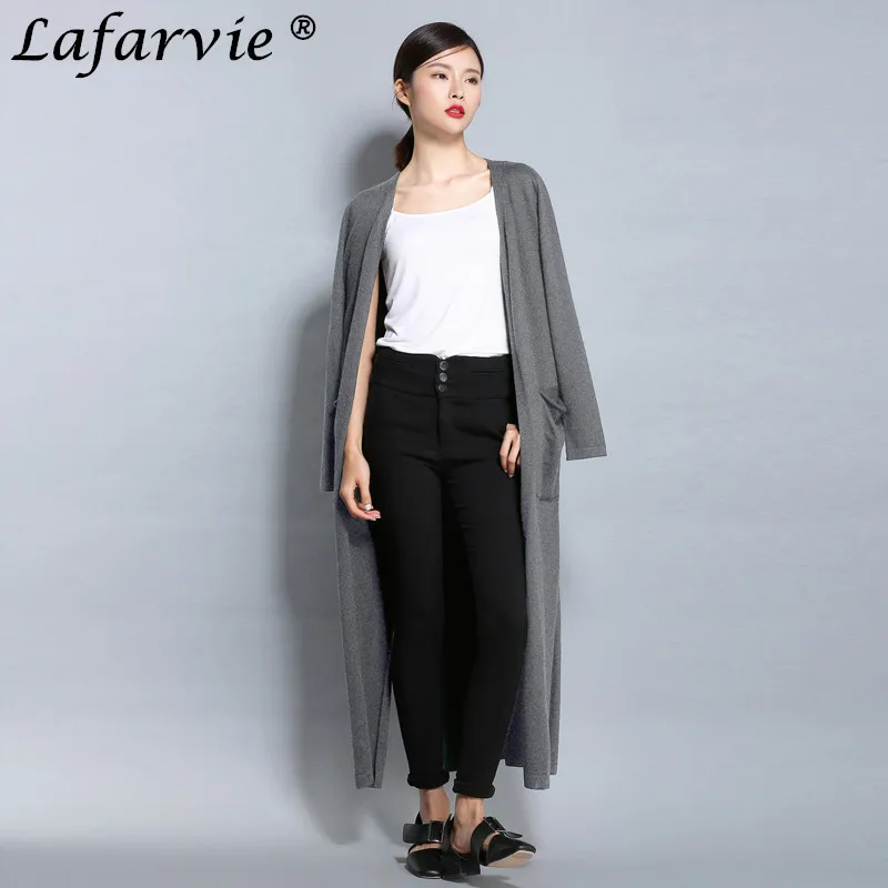 Lafarvie Quality Spring&Autumn New Fashion Long Cardigan Full Sleeve pocket Female Knit cardigan Jacket Hem Open Fork M-XXL