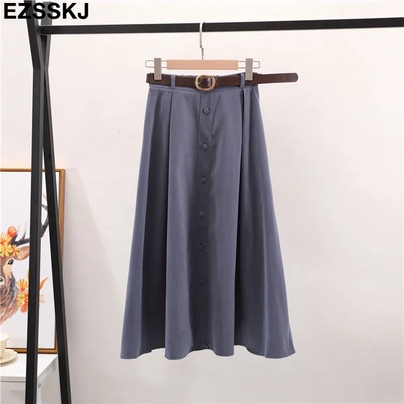 Осенне-зимняя замшевая бархатная Женская юбка, Длинная Элегантная Корейская юбка с высокой талией, Женская трапециевидная плиссированная юбка с поясом - Цвет: Синий