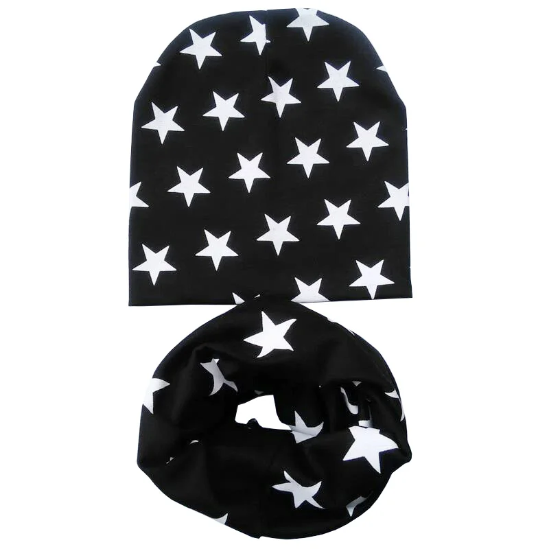 Полосатый хлопковй с принтом звезды детский набор из шапки и шарфа для маленьких мальчиков и девочек Кепки шарф осень-зима детская шляпа, шарф воротник Детские вязаные шапки Кепки - Цвет: Black star set