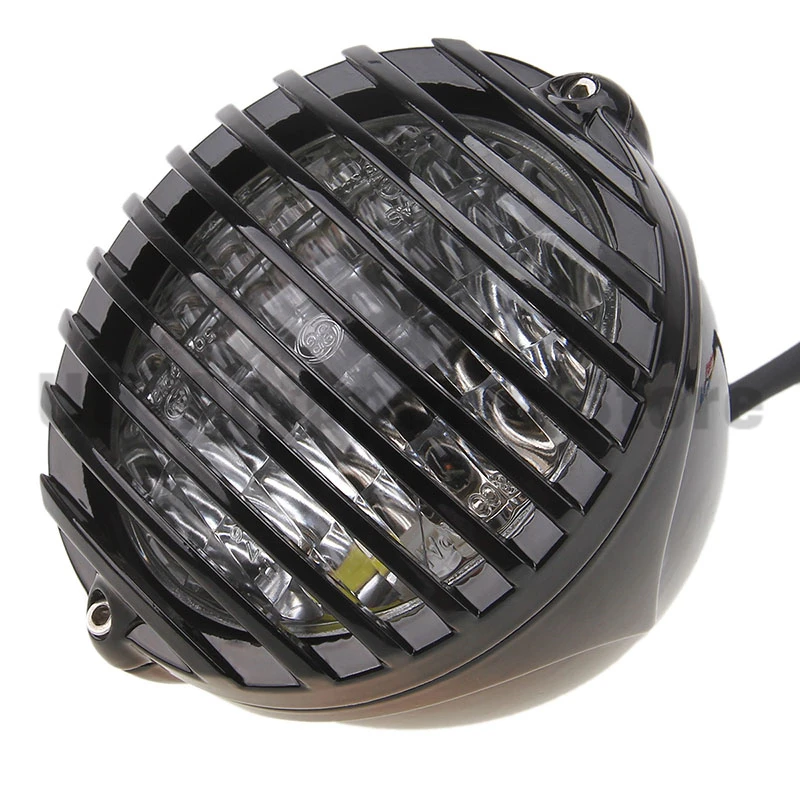Motorcycle Finned Grill LED Headlight For Suzuki Chopper Bobber Cafe Racer Black