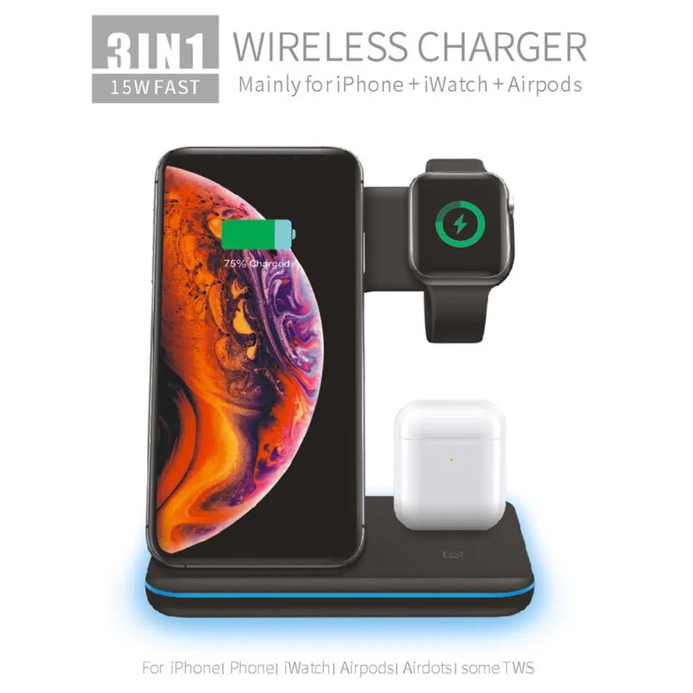 3 в 1 Qi Беспроводное зарядное устройство для iPhone 11 8 X XS XR samsung S10 S9 15 Вт Быстрая Зарядка Док-станция Подставка для Apple Airpods Pro Watch 5 4 3