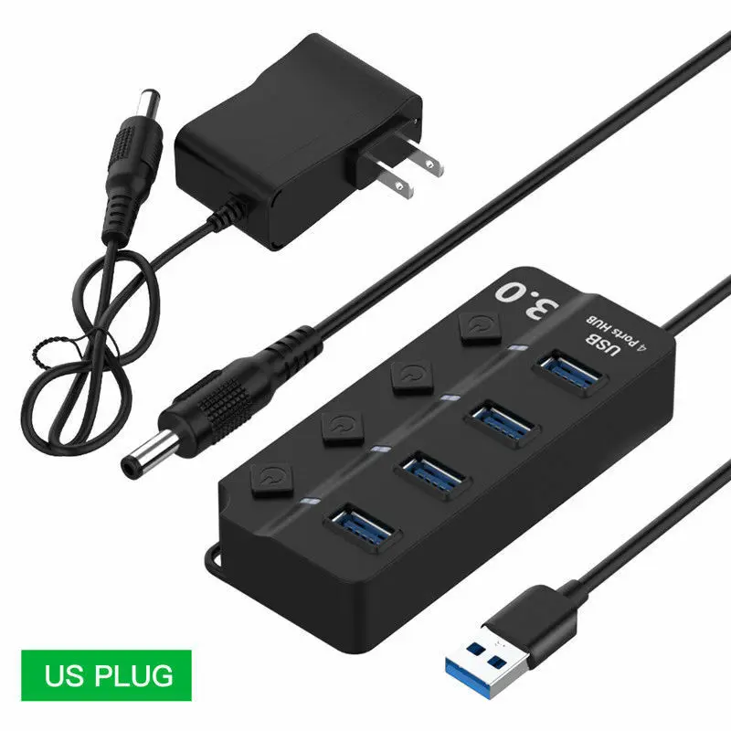 Fealushon 4/7 Порт USB 3.0 Концентратор 5 Гбит / с Высокоскоростной Вкл. Выкл. Включает адаптер переменного тока для ПК - Цвет: 4 Port add US Plug