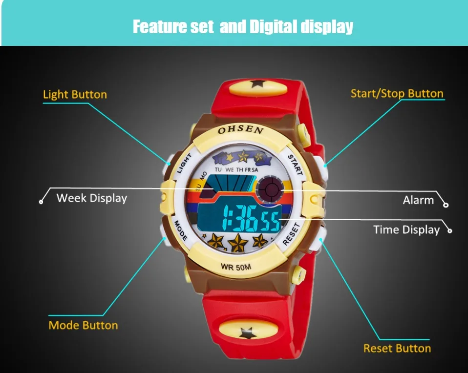 Лидер продаж Ohsen цифровой бренд кварцевые наручные часы дети девочки 50 м водонепроницаемый розовый резиновый ремешок ЖК-подсветка