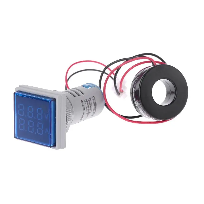 Квадратный светодиодный вольтметр и амперметр с двойным цифровым дисплеем, измеритель напряжения, измеритель тока, переменный ток 60-500 В, 0-100A, новинка - Цвет: Синий