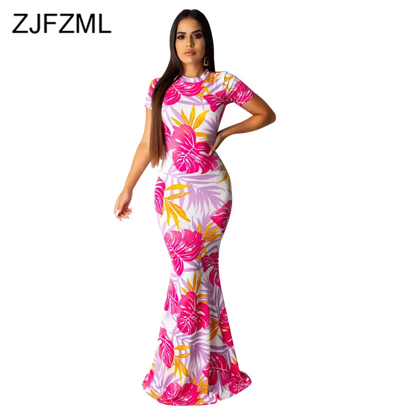 

Floral Print Sexy Party Trumpet Dress Women Short Sleeve Waist Band Cut Put Elegant Maxi Dress Summer Empire Bodycon Beach Dress