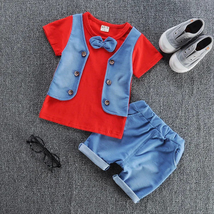 Летняя одежда для мальчиков и девочек хлопковый спортивный костюм Модная одежда для детей, Детская мода, Детский комплект для маленьких джентльменов, галстук, футболка и шорты, 2 шт./компл. Одежда для младенцев комплект - Цвет: BBYZ jia3 red
