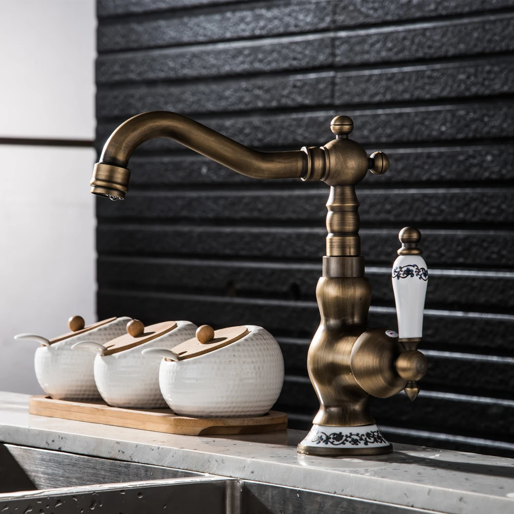 Rotation Kitchen Faucet Brass Bathroom Faucets Retro Porcelain Handle Single Handle Hot & Cold Washbasin Taps Torneiras Banheiro7