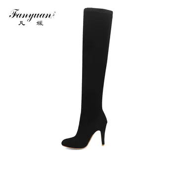 

Fanyuan 2018 Women Boots Stretch Fabric Over The Knee Boots Winter Slip on Women Shoes Sexy Gray Ladies Long Boots Big Size 48