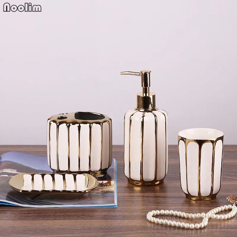 

NOOLIM 4Pcs/set Gold-plated Bathroom Wash Set Nordic Toothbrush Holder Tumbler Liquid Soap Bottle Soap Dish Set Bathroom Supply