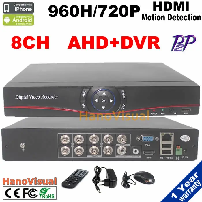8CH AHD DVR HDMI 1.0 MP HD 720P Support Motion Detection For CCTV Security System 8 Channel DVR+AHD 2 in 1 Hybrid Remote View