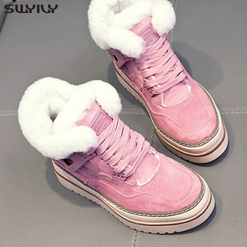 SWYIVY/зимние женские кроссовки; коллекция года; модная повседневная обувь на танкетке; теплая хлопковая обувь; цвет черный, розовый; женские кроссовки на толстой подошве - Цвет: Розовый