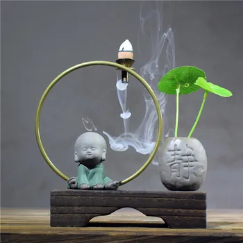 

Zen Style Ceramic little monk Incense Burner Stick Holder Smoke Backflow Cone Incense Furnace Base Metal Circle Creative