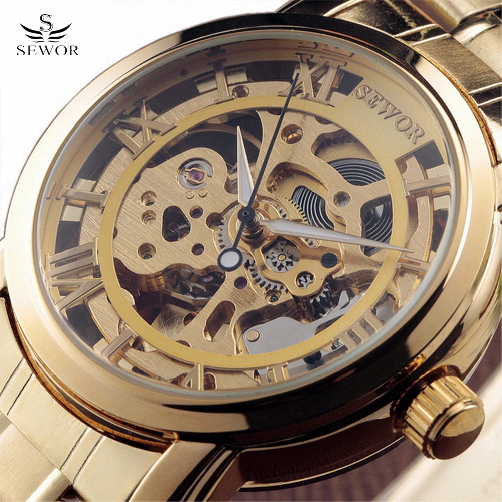 

SEWOR Luxury Brand Men Automatic Skeleton Watches Men Stainless Steel Band Roman Mechanical Formal Clock White Gold Man Watches