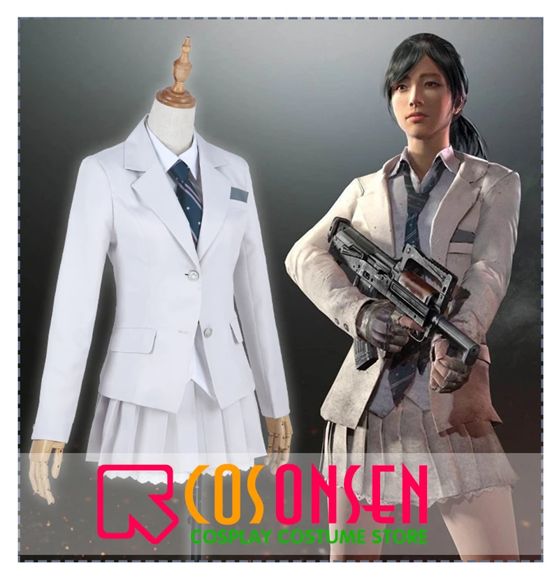  Game PUBG Playerunknown's Battlegrounds Girl White Uniform Cosplay Costume Full Set COSPLAYONSEN Al