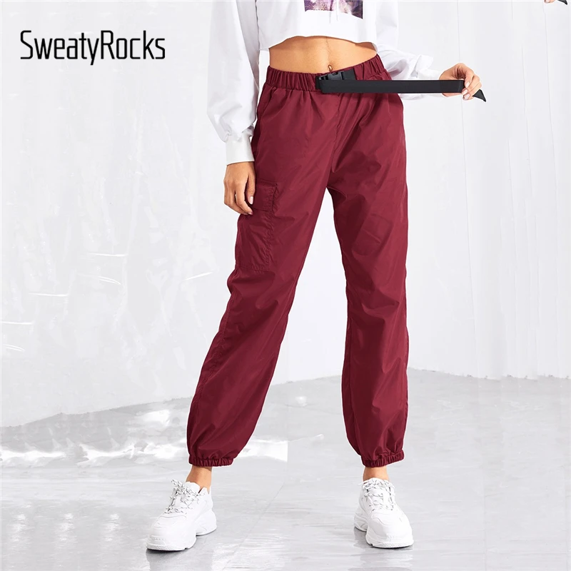 SweatyRocks Burgundy Pocket Side Drawstring Waist Pants
