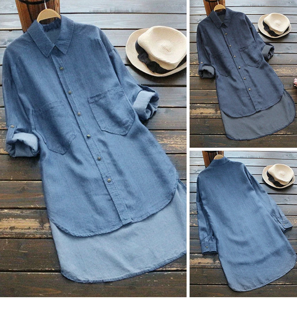 Women Loose Casual Long Sleeve Denim Shirt Autumn Vintage Solid Blue Ladies Blouses Turn-down Collar Blouse Jean Plus Size 5XL