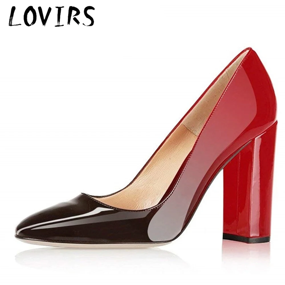 

LOVIRS Women Slip On Basic Shallow Gradient Patent Leather Pumps Pointed Toe High Heel Chunky Heels Shoes for Dress