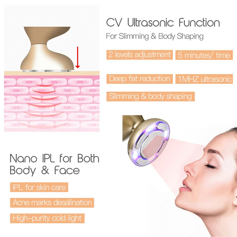 Nano IPL RF Ultrasound Cavitation Fat Burner 3D Body Shaping Slimming Firming Device LED Photon Rej