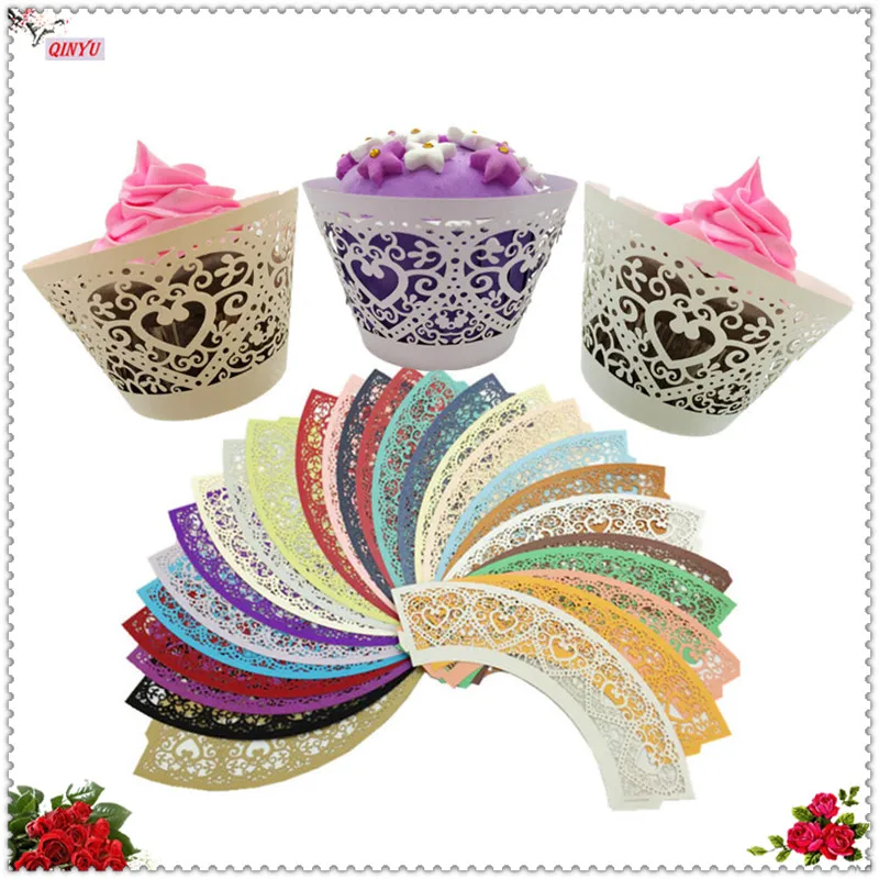 100pcs Laser Cake Paper Cupcake Wrapper Laser Cut Cup Cake Cup Wrappers Wedding Decoration